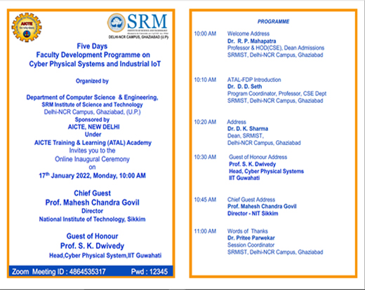 Five Days  ATAL FDP Cyber Physical Systems and Industrial IoT Organized by Department of CSE from 17-01-2022